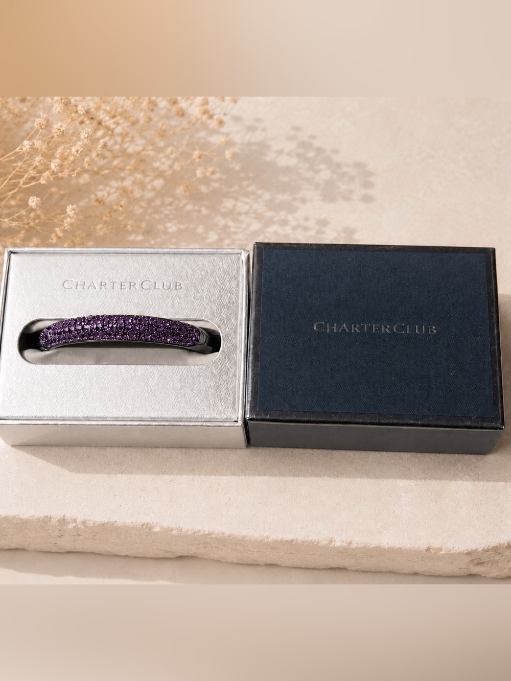Macys Charter Club Crystal hematite gunmetal purple cz bracelet hinge clamper